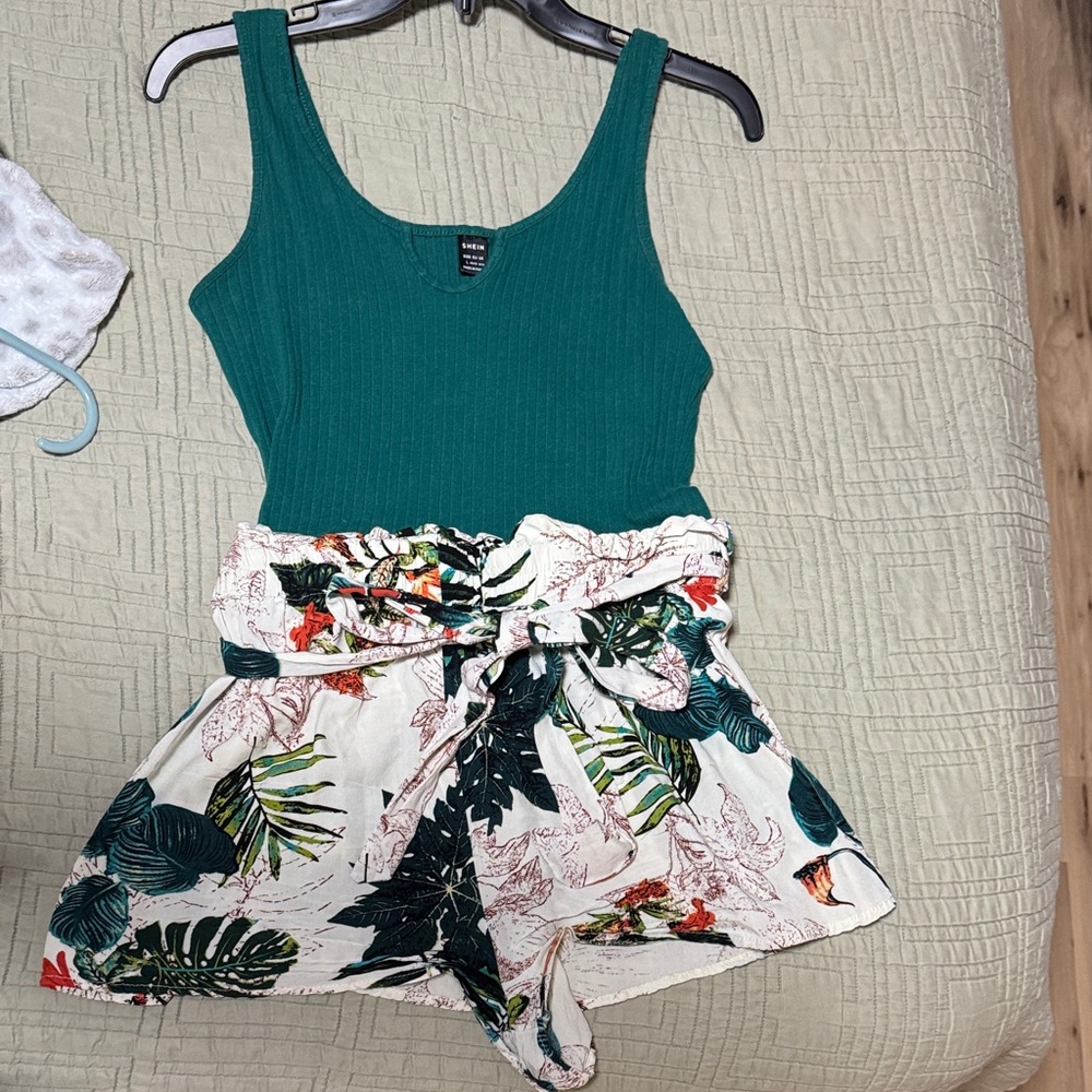 SHEIN Romper Teal top with Tropical Print Shorts Belted